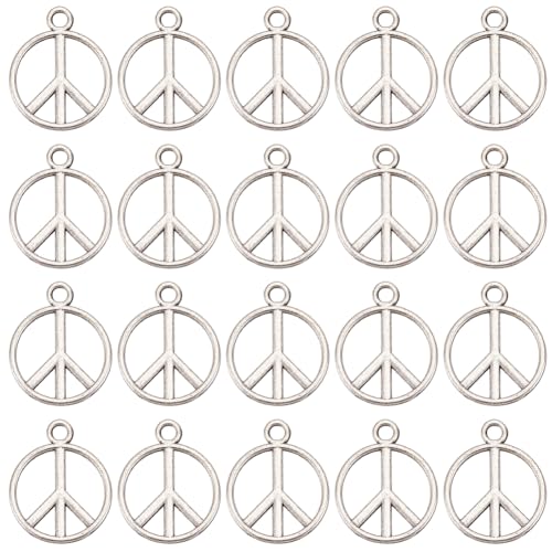 SUNNYCLUE 1 caja de 100 piezas de Dijes de Paz A Granel, Signo de la Paz, Logotipo de la Paz, Plata Antigua, Aleación Vintage, Plano, Redondo, Hueco, Símbolo de Metal, Dijes para Hacer Joyas, Dijes, P