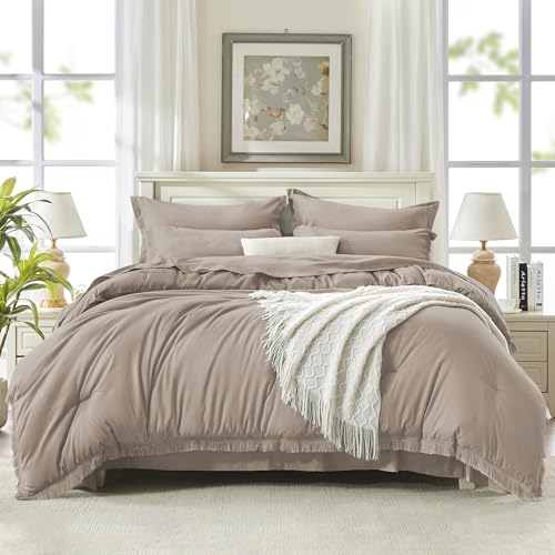 Image of Andency King Size Comforter Set with Sheets Khaki - 7 Pieces Bed in a Bag Boho Soft Lightweight Bedding Sets, Tassel Bed Set with Comforter, Sheets, Pillowcases & Shams