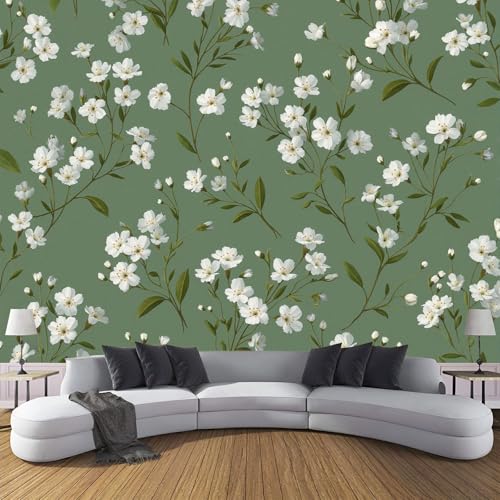 Papier peint panoramique fleurs blanches pour masquer mur salon