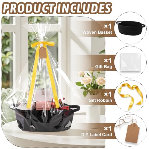 Image of OIAHOMY Small Woven Basket with Gift Bags, Ribbons & DIY Label Card, Baskets for Gifts Empty, Small Rope Basket 12 * 8 * 5IN, Cute Decorative baskets with Handles for Baby Pets, Toys, Black