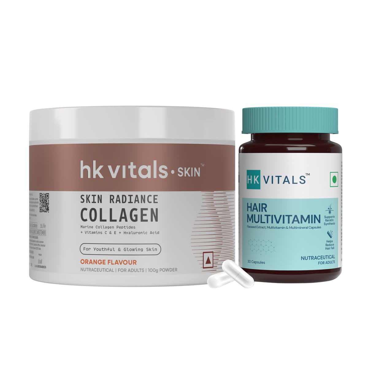 hk vitals Hair Multivitamin with DHT Blockers, Omega & Biotin & Helps Reduce Hair Fall, 30 Multivitamin Capsules with Skin Radiance Collagen Supplement with Biotin, Orange, 100 g