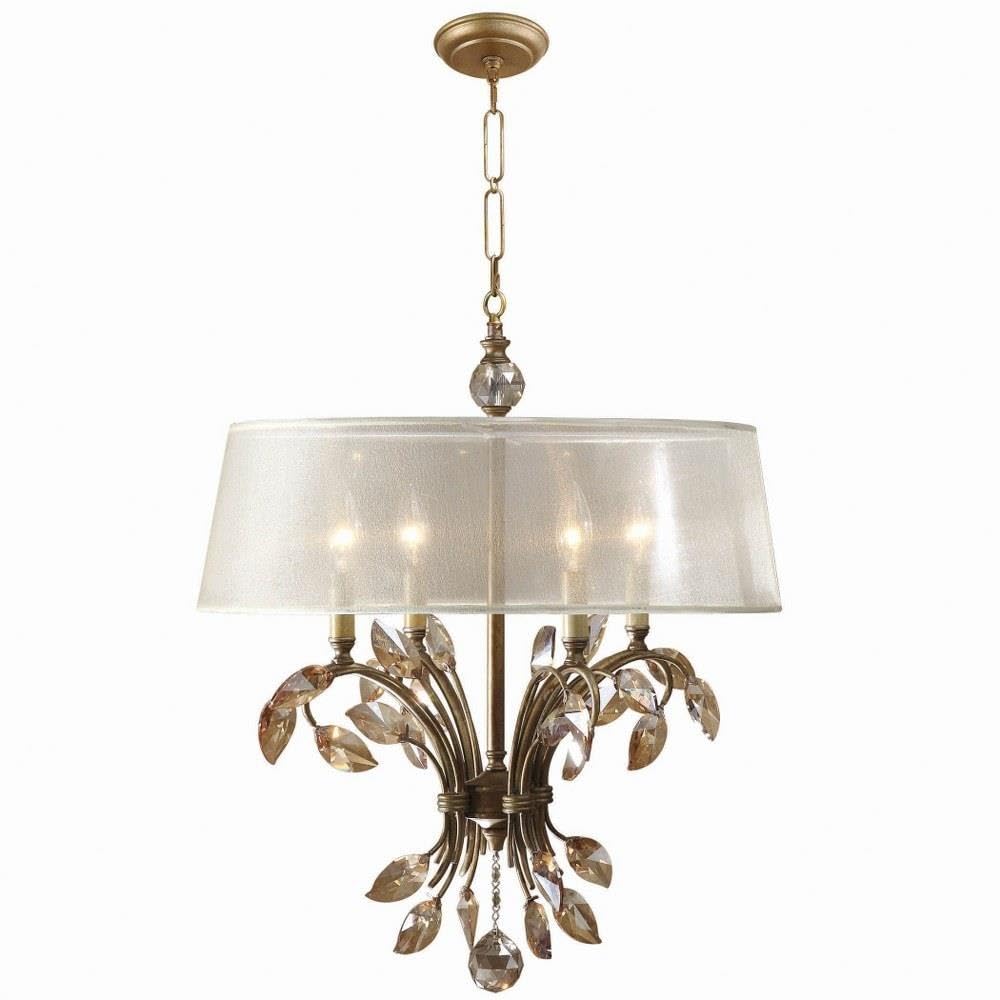 Uttermost Alenya Chandelier 4 Light Metal/Crystal/Fabric Silken Champagne Sheer Fabric -Traditional Installation