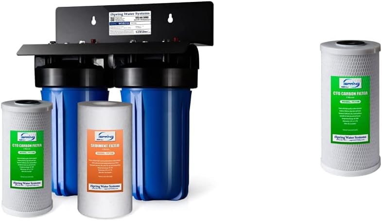 iSpring WGB21B 2-Stage Whole House Water Filtration System with 10" x 4.5" Sediment CTO Filter & FC15B High Capacity Activated CTO Carbon Block Filter Replacement Cartridge, 4.5"x4.5"x10"