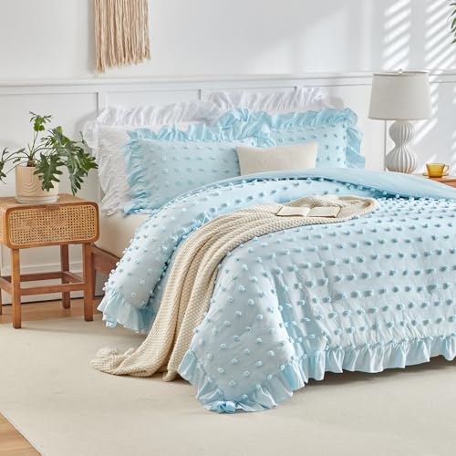 Flysheep Tufted Dots Ruffle Comforter Set Twin Size, 3 Pieces Blue Ruffled Farmhouse Comforters thumb #3