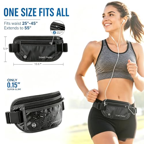 Image of travel inspira RFID Hidden Money Belt Slim Anti Theft Travel Wallet | Passport Holder for Travel Concealed under Clothes for Ultimate Protection of Credit Cards, Cash, Passport & Documents, Black