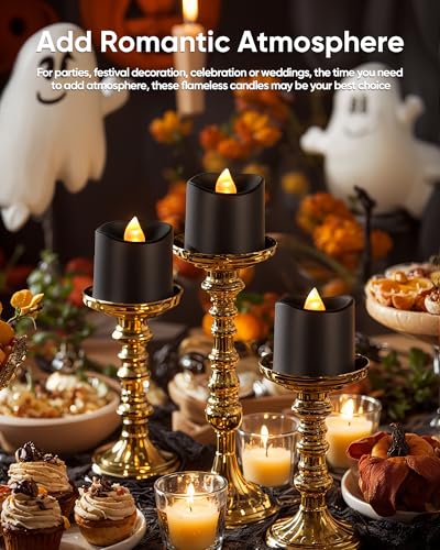 Image of Homemory 12Pack 400+Hour Remote Control Flameless Candles, 2 /4 /6 /8H Timer Led Votive Candles, Battery Operated Tea Lights for Wedding Table Centerpiece, Holidays, Halloween Pumpkins-Black Base