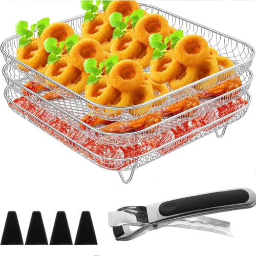 8x8 inch Air Fryer Rack Accessories, 3 Layer Square Air Fryer Grill Rack Basket,Stainless Steel Stackable Grill Dehydrator Rack for Phillips Cosori, Ninja, Gowise, Instant Vortex