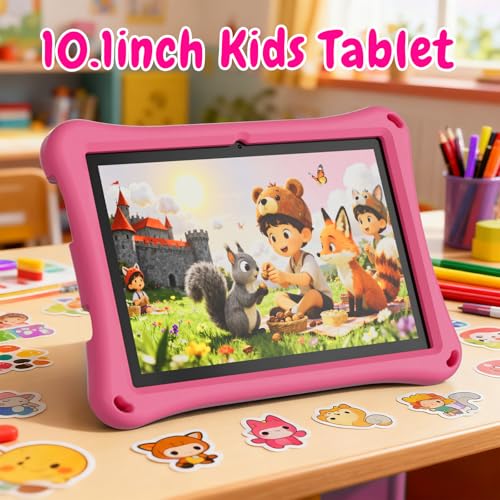 Image of Kids Tablet, 10.1 inch Android Tablet, 12GB+64GB, 1TB Expandable, 5G WiFi 6, BT 5.0, Quad-Core, 6000mAh, Dual Camera, AWAWA Parental Control Mode, Blue Light Eye Protection Screen with Case.