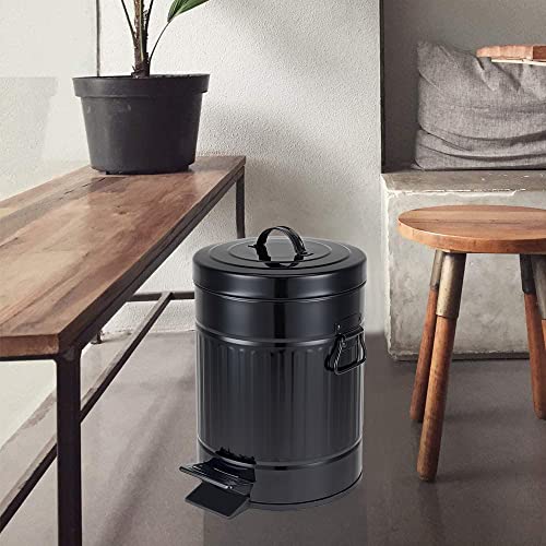 Image of Bathroom Trash Can with Lid, Small Waste Basket for Home Bedroom, Retro Step Garbage Can with Soft Close, Vintage Office Trash Can, 5 Liter / 1.3 Gallon, Glossy Black