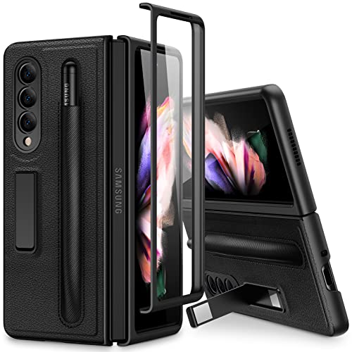 Maxdara for Galaxy Z Fold 3 5G Case, Galaxy Z Fold 3 Case with S Pen Holder Luxury PC Leather Cover Built-in Magnetic Kickstand Shockproof Protective Case for Samsung Galaxy Z Fold 3 5G 2021, Black
