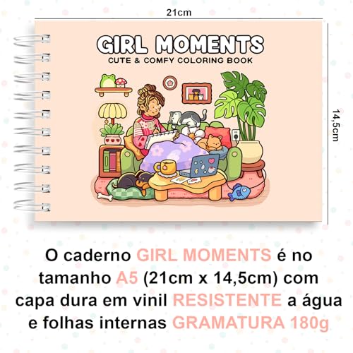 Livro de Colorir Girl Moments 40 Folhas 180 Gramatura Capa Dura Caderno Desenho Pintura Momentos de