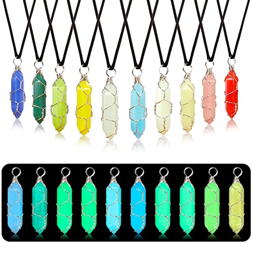 TXIN Glow in the Dark Crystal Pendant Necklace - Silver Wire Wrapped Luminous Hexagonal Stone With Black Cord - 10 Colors Fluorescent Natural Quartz