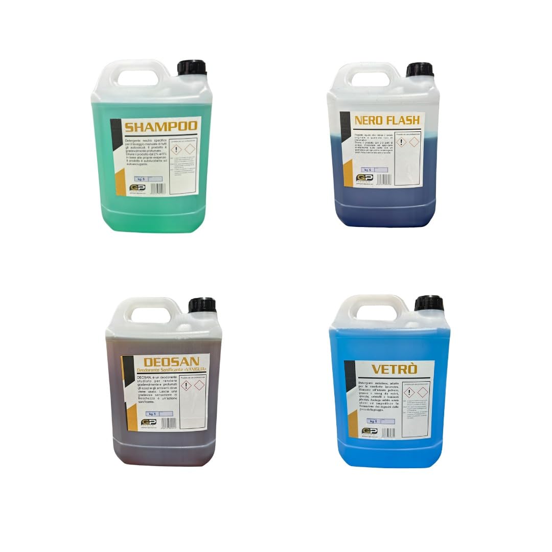 GPDESIGN KIT LAVAGGIO COMPLETO AUTO MOTO CAMION E FURGONI 4 PEZZI. COMBO9 COMPOSTO DA 4 TANICHE DA 5KG OGNUNA DI PRODOTTO CONCENTRATO: NERO GOMME - SHAMPOO - DEODORANTE - LAVAVETRI