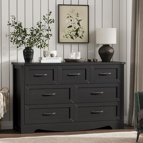 Image of Dresser for Bedroom with 7 Drawers, 48 inch Wide Modern Chest of Drawers with Deep Drawers & Mental Handle, Wood Dresser TV Stand, Wooden Closet Storage Organizer for Living Room, Hallway, Entryway, Black