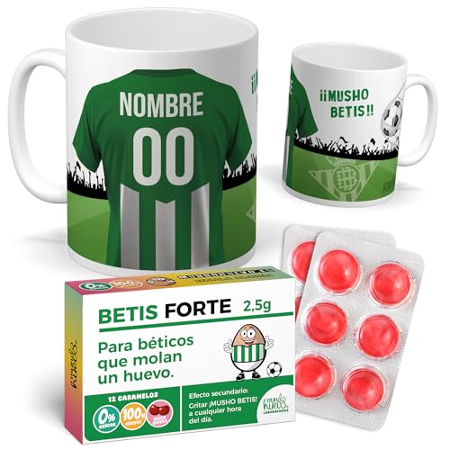 Taza Personalizada con Nombre Camiseta Betis Fútbol | Pack con Taza + Caramelos Divertidos | Regalo Original para Beticos | Perfecto para Navidad o Cumpleaños | Betis