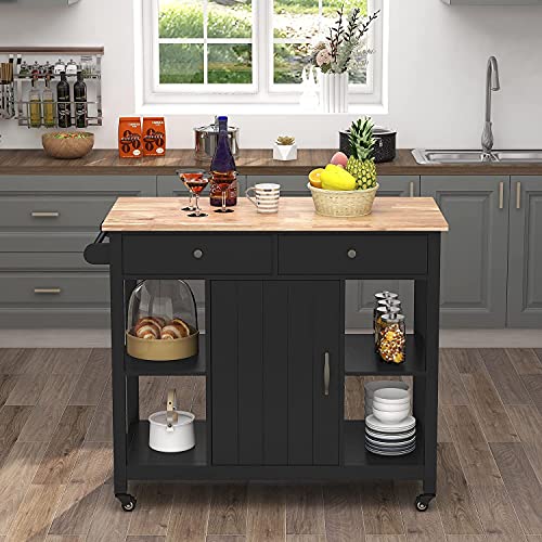 ChooChoo Kitchen Islands on Wheels with Wood Top, Utility Wood Movable Kitchen Cart with Storage and Drawers, Black - Thumbnail 4