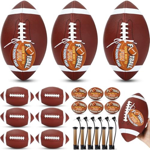 Image of Skylety 6 Sets Composite Leather Footballs Official Size 9 Footballs Inflatable with Pump Official Leather Football 11 Inch High School Football for Back to School Gifts, Youth, Junior, Adult
