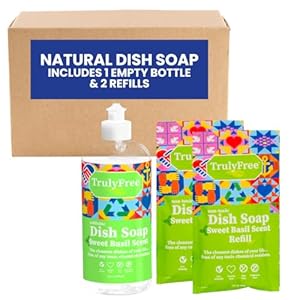 Truly Free Natural Dishwashing Liquid | Plant-Based Dish Soap | Sweet Basil Fresh Scent | 2 Refill Packs with 1 Empty Refillable Squeeze Bottle (16 Oz)