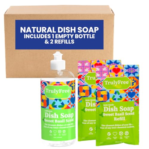 Truly Free Natural Dishwashing Liquid | Plant-Based Dish Soap | Sweet Basil Fresh Scent | 2 Refill Packs with 1 Empty Refillable Squeeze Bottle (16 Oz)