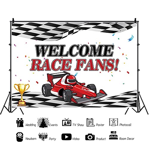 CSFOTO 14x10ft Welcome Race Fans Racing Car Banner Backdrop Trophy Check Flag F1 F3 Theme Decorations Decor for Hot Wheels