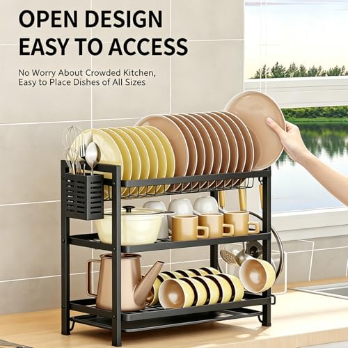 Image of COMFYHOME Dish Drying Rack, 3-Tier Wrought Iron Space-Saving Kitchen Dish Drainer with Drainboard & Utensil Holders, Rustproof Counter Organizer for Plates, Utensils, Bartan