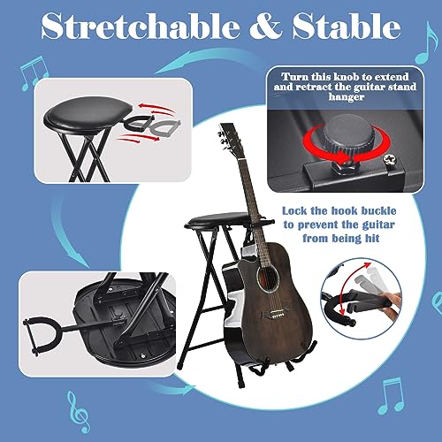 Guitar Stool Seat, Foldable Guitar Chair with Guitar Hanger, Guitar Seat with Padded Cushion, Ergonomic Backrest and Folding Guitar Stand, Holds Acoustic/Electric Guitars, Portable Stool for Stage