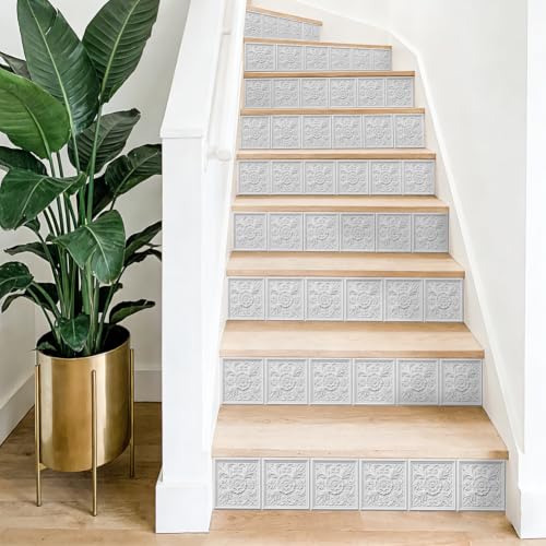 TNKBREEZE 15 Stück Weiße Prägemuster Treppenaufkleber Vintage Blumenmuster Selbstklebende Fliesen Stufenverkleidung Abziehbare Dekoration Für Stufen Treppenwandbilder 39.37×7.09 Zoll
