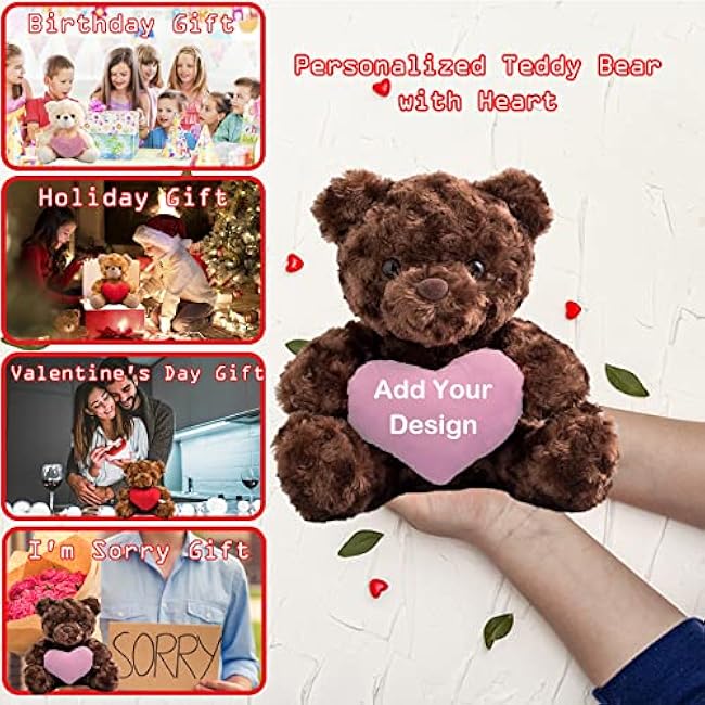Personalized Teddy Bear with Heart for Customized Text, Custom Teddy Bear Stuffed Animal as Personalized Gifts for Girlfriend/Boyfriend as Birthday Gifts/Valentines Day Gifts (8 in-Pink Heart)