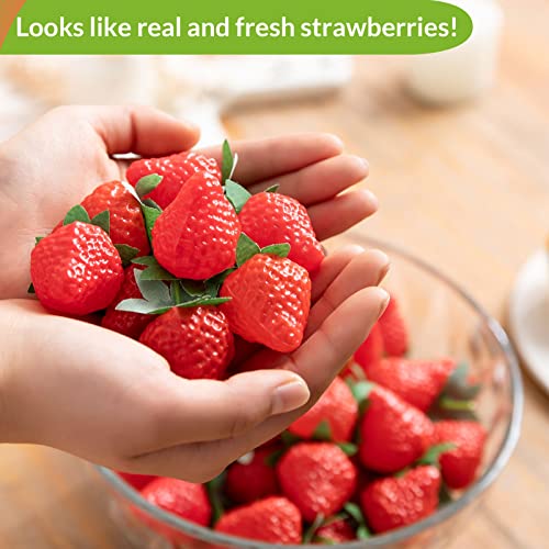 Joeabor 60 Pieces Fake Strawberries Décor, Fake Fruit Artificial Strawberry Kitchen Décor, Plastic Strawberry Party Decorations, Realistic Fake Food Lifelike For Display Photography Props #TOP2