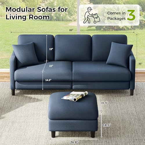 Image of Welzona 83 inch Couches for Living Room, Teddy Sofa Couch with Storage Ottoman, L Shaped Couch with Movable Ottoman, Tool-Free Modular Sectional Sofa, All-Wood Sofas for Living Room 2 Pillows, Blue Grey