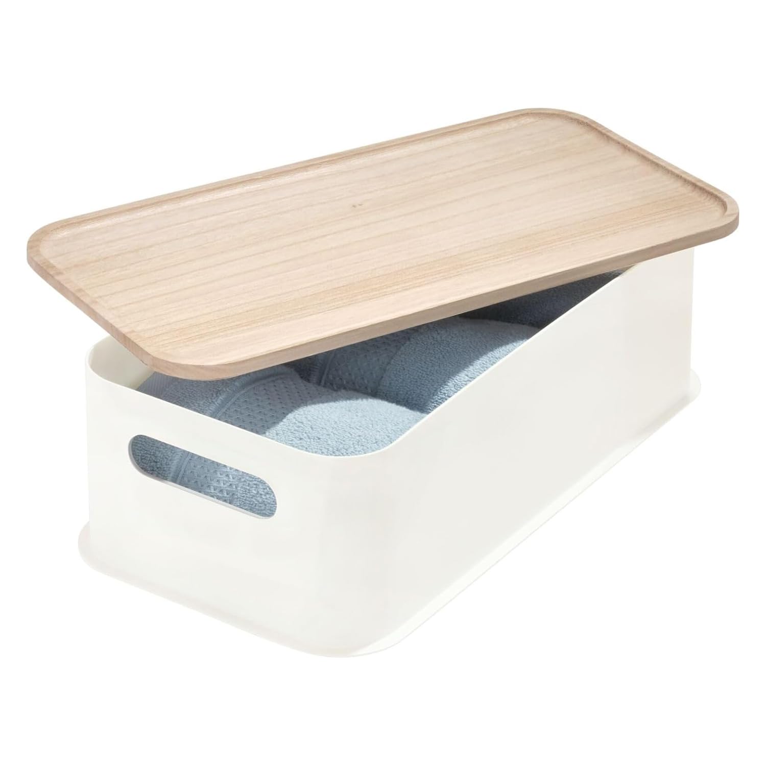 iDesign Eco Bin Organizer Bagno con Coperchio, Cestino Bagno di Dimensioni Medie con Manici in plastica Riciclata Senza BPA, Portaoggetti Bagno in Legno di Paulownia, Bianco