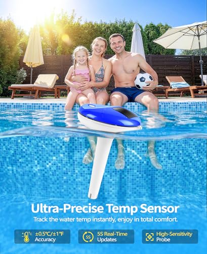 Sinbyuer 2026 Thermomètre solaire numérique de la piscine avec corde LCD Affichage & Thermomètre flottant de la piscine à grands nombres haute précision & IP68 Pools étanches Gauge de température pour Hot Tub, Spa