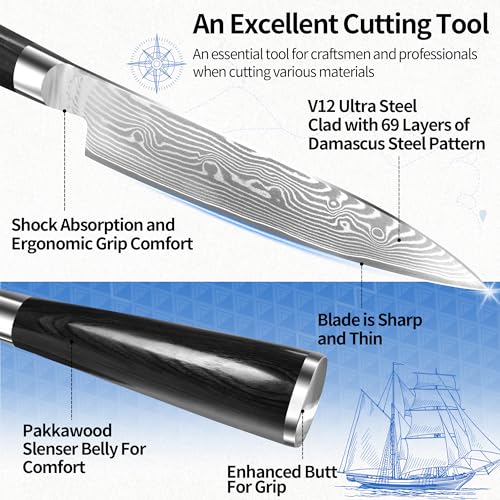 Image of XYJ 5 Inch Damascus Steel Utility Knife, Compact Damascus Steel Chopping Knife for Kitchen Use, Presicion Peeling for Friut Vegtable, Meat Cuttting