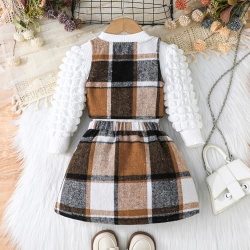 Image of Toddler Girls Christmas Outfits Girls Puff Sleeve Knit Ribbed Tops Button Down Vest Plaid Skirt Set Winter Clothes