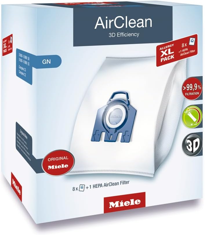 Miele Genuine Allergy XL Pack AirClean 3D GN Vacuum Cleaner Bags, 8 x Bags, 1 x Hepa Filter – 11214190