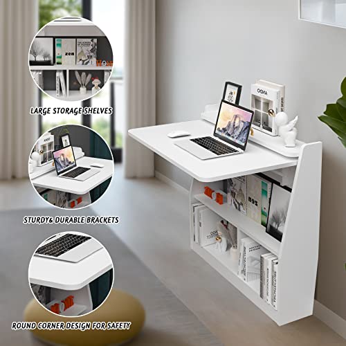 Pmnianhua Wall Mounted Desk, Wooden Folding Desk Space Saving Wall Desk With Storage Shelf Study Writing Table For Small Space (White) #TOP2