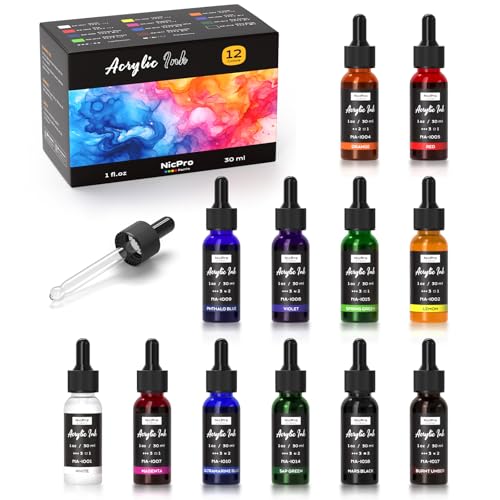 Nicpro 12 Colors Acrylic Ink 1 oz(30ml) Bottle with Dropper Quick Dry Permanent Acrylic Drawing Inks for Artist Essential Color Set for Ink Drawing Pouring Art Airbrush Resin Mixed Media