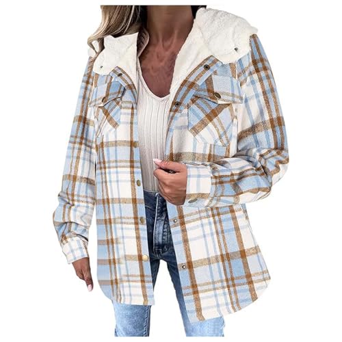 Womens Fuzzy Plaid Flannel Jacket 2024 Winter Fashion Fleece Button Down Sherpa Hooded Teddy Warm Jackets Coats