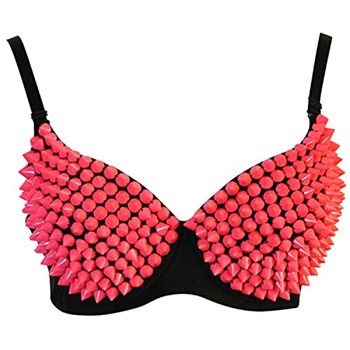 Generic Womens Womens Studded Rivets Bras Punk Push Up Tops Underwear for Party Club Sexy Gothic Metallic Bra Clubwear Pink,XLarge