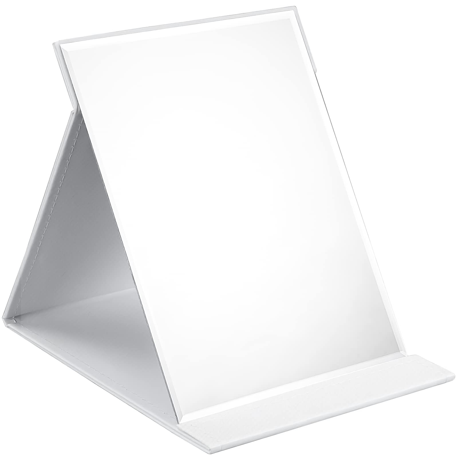OWLKELA25x18cm Portable Folding Mirror, Super HD Compact Makeup, White PU Leather Travel, Free Standing Vanity, Tabletop Foldable