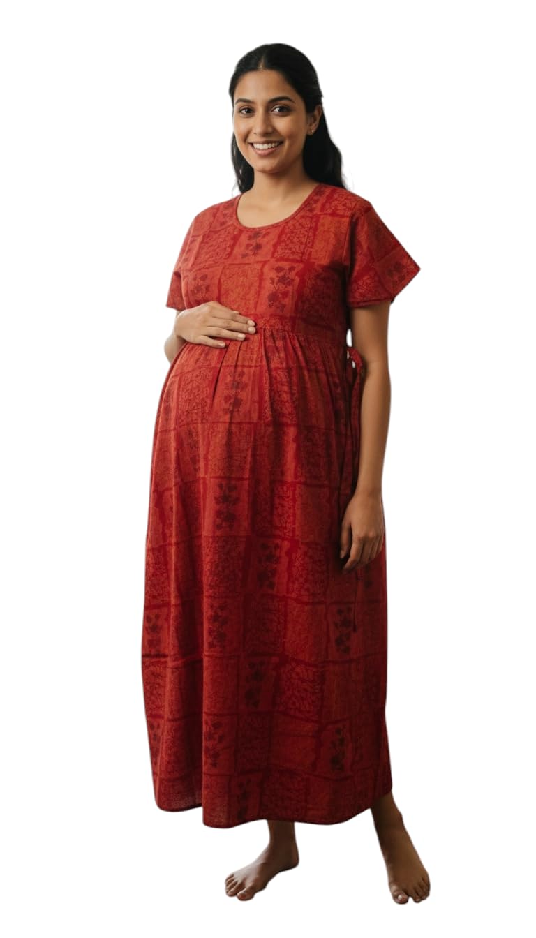 Women's Maternity Maxi Dress, Red Printed Short Sleeve Frock with Tie-Back-image-13