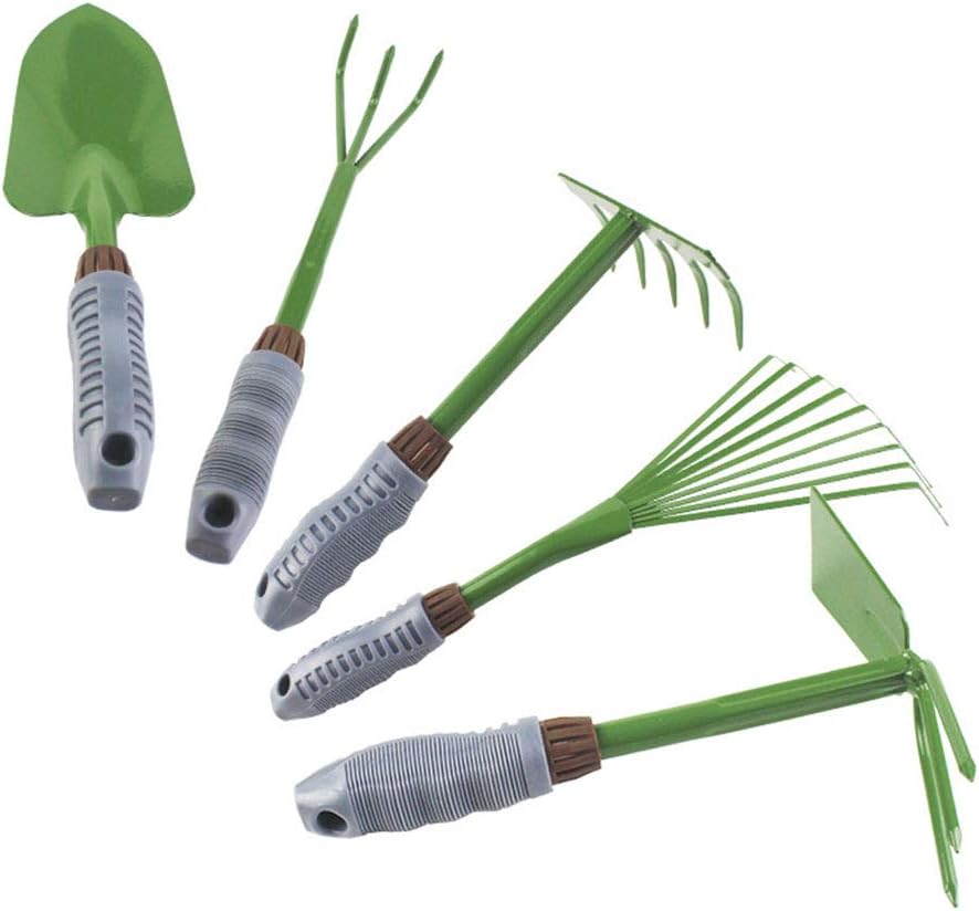 Five-Piece Gardening Tools Set Potted Flower - Including Double Use Hoe 3 prongs,9-Teeth Leaf rake, 5-Teeth rake,Cultivator/Weeder,Trowel/Shovel with High Carbon Steel and Soft PVC Handle Grip