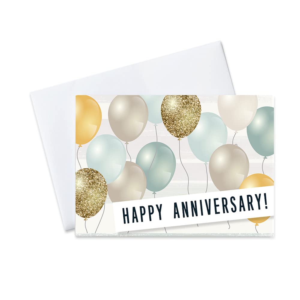 Tarjetas de felicitación de aniversario A2003 con globos sobre un fondo de rayas con un mensaje de feliz aniversario, juego de 25 tarjetas de felicitación y 26 sobres blancos brillantes.