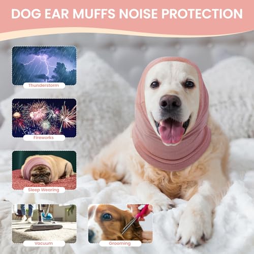 Image of BRKURLEG Dog Calming Hoodie, Ear Muffs for Noise Protection, Dog Head Cover Sleeves Ears Covers, Pet Ear Covers Hood for Anxiety Relief, Hematoma, Grooming and Force Drying, Pink, M