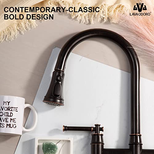 Oil Rubbed Bronze Bridge Kitchen Faucet With Pull-Down Sprayer, Lava Odoro Transitional Kitchen Sink Faucet 3 Hole Spot-Resistant, Lead-Free, Kf501-Orb #TOP3