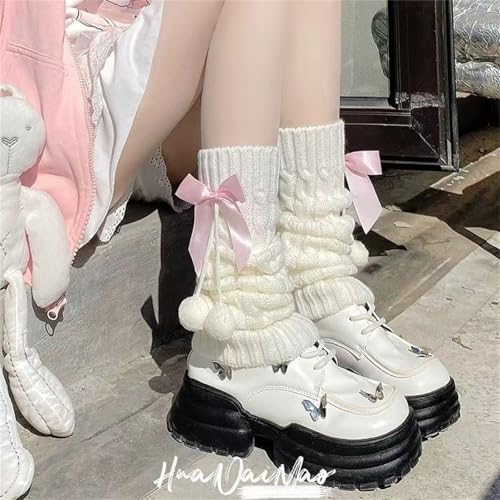 Image of Lolita Knit Leg Warmers Ribbon Bow Knot Japanese Cable Knit Footless Boot Socks Kawaii Leg Sleeves