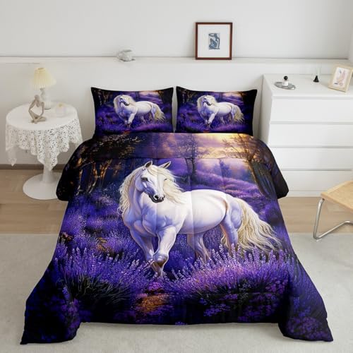 Loussiesd Juego de ropa de cama individual con diseño de caballo galopante, diseño floral morado para niñas, niños y adolescentes, decoración estética de animales de granja con 1 funda de almohada