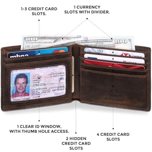 RUNBOX Genuine Leather Bifold Wallet for Men - RFID Blocking Slim Wallet with 9 Card Slots, 1 ID Window & Bill Compartment - Gift Box Packaging - Image 5