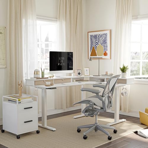 Image of FEZIBO Triple Motor 63 inch L Shaped Standing Desk with 3 Drawers, Electric Standing Gaming Desk Adjustable Height, Corner Stand up Desk with Splice Board, White Frame /White Top