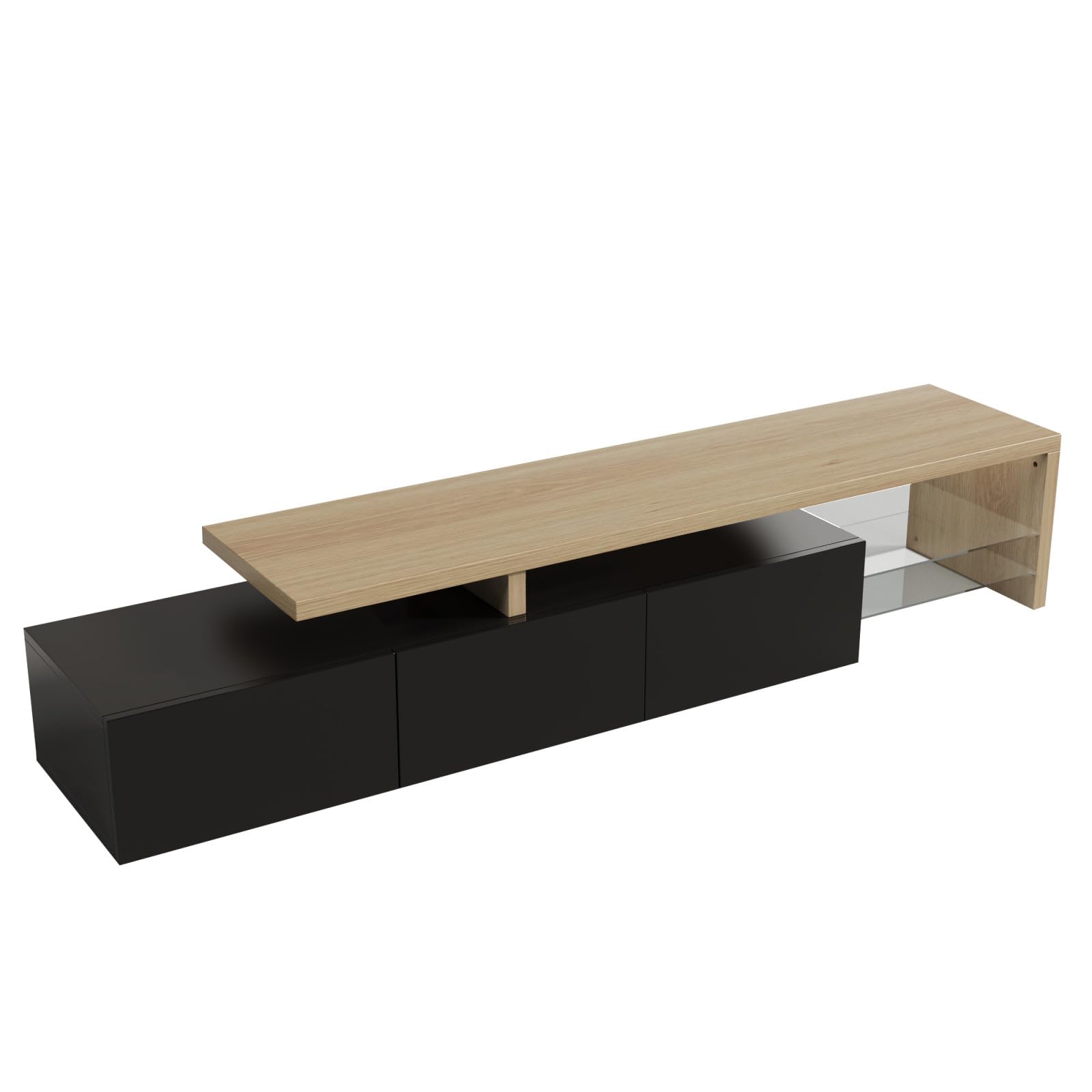 Mueble de TV de 200 x 39 x 42 cm con 3 puertas y 2 estantes de cristal, mueble bajo para televisor de hasta 75 pulgadas, con iluminación LED, soporte para TV, con gran espacio de